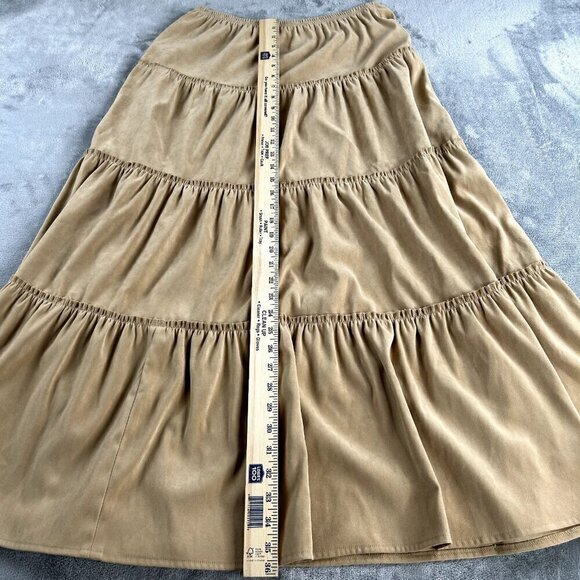 VTG Y2K Boutique Europa XL Tiered Maxi Skirt Tan Boho Western Prairie Faux Suede - Picture 3 of 6